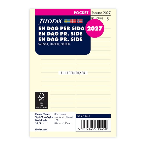 Filofax Refill Pocket 2027 Dag Per Siden