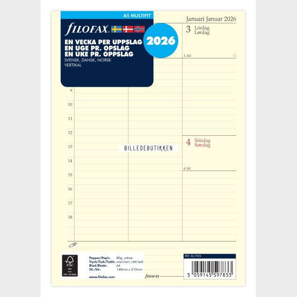 Filofax Refill A5 2026 Uge Per Opslag Vertikal